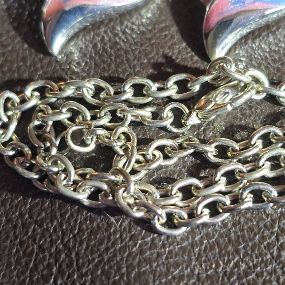 Heart-shaped necklace & earring SET. Enamel detailing on silvertone. Vintage. - Picture 7 of 9